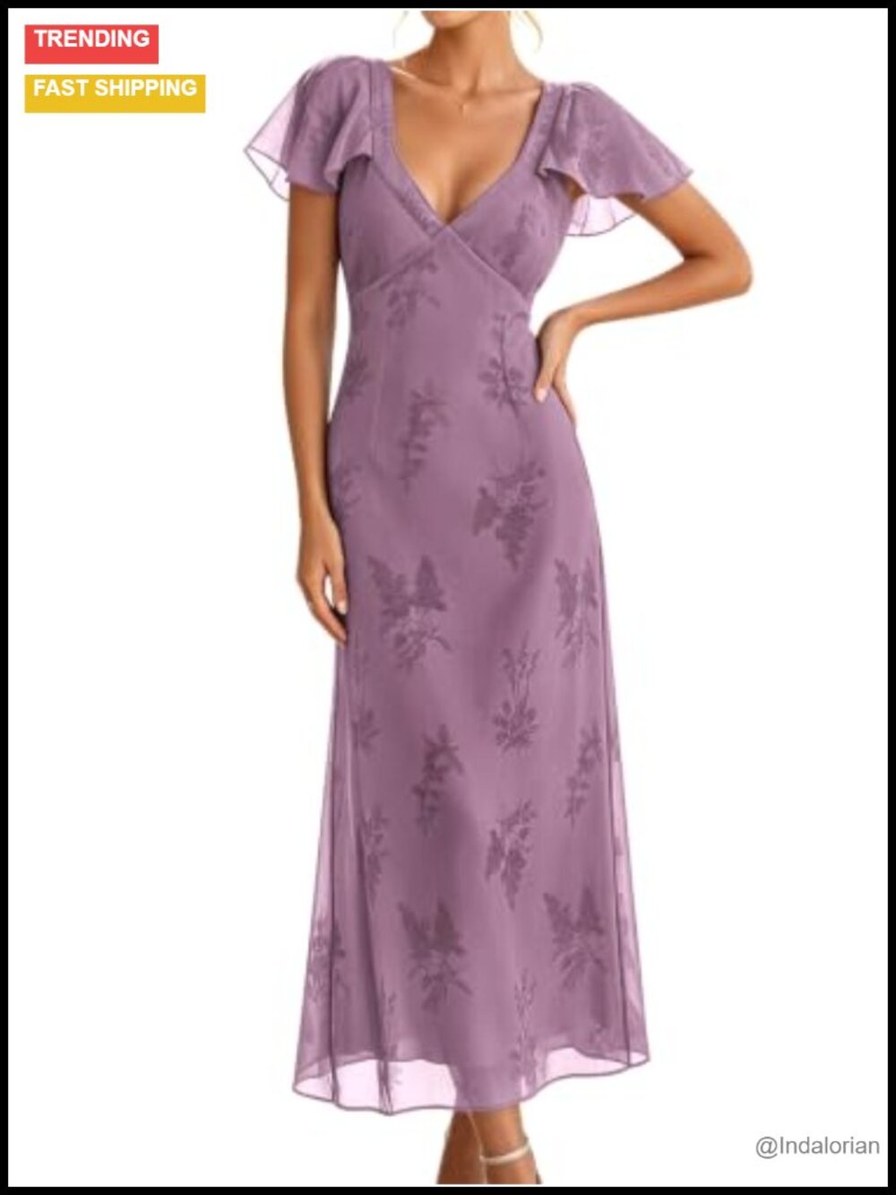 Floral Midi Dress V-Neck Flutter Sleeve Wedding Guest Semi Formal
